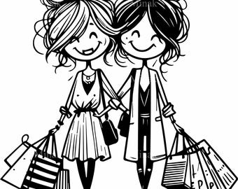 Op de afbeelding: Zwart-wit illustratie van twee vrouwen met boodschappentassen. Ze lachen en houden elkaars hand vast. De ene vrouw draagt een jurk, de andere een jas. De boodschappentassen hebben strepen en het woord "PRIS".