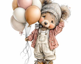 15 PNG Bear with Balloons , Vintage Woodland Animal Clipart, Nursery Birthday