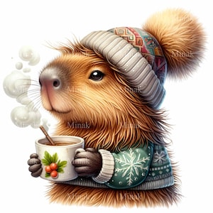 12 PNG de carpincho de invierno: linda imagen prediseñada de animal navideño con taza de cacao. Arte de suéter navideño para tarjetas y decoración de temporada.
