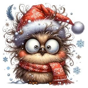 15 Corujas de Natal engraçadas PNG clipart com chapéu de Papai Noel, cachecol vermelho e flocos de neve para decoração de inverno, cartões, design de sublimação