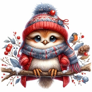 10 PNG Cute Winter Owl Clipart, Christmas Owl in Hat and Scarf PNG, Cartoon Bird on Branch with Berries, Holiday Decor