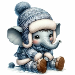 Bebé elefante PNG Clipart en ropa de invierno, 12 adorables elefantes con gorro y bufanda, ilustraciones para proyectos digitales