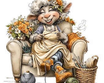 15 Knitting Sheep PNG Clipart, Armchair Yarn Craft Sublimation Lamb Graphic