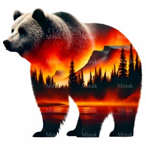 15 Bear Silhouette with Sunset Mountain Landscape PNG Clipart - Nature Art Design - Wildlife Digital Illustration