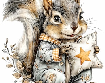 10 PNG Sleeping Squirrel Pajamas, Star Pillow Clipart, Night Nursery Wall Art