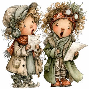 10 PNG Bambini Vintage che Cantano - Clipart di Canti Natalizi - Artigianato Fai da Te PNG Digitale