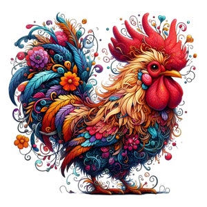 12 PNG de aves florales coloridas – Gallo PNG clipart – Arte decorativo de animales de granja para impresiones de cocina, manualidades y decoración de casas de campo