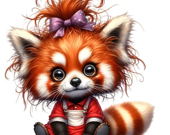 15 PNG Red Panda Girl Forest Animal Clipart, Sublimation Purple Bow Graphic