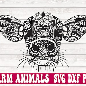 Cow Head Mandala Svg, Zentangle Farm Heifer Cattle Face Cowgirl T Shirt, Cut Files, Cricut, Vector, Vinyl Transfer, Dxf, Instant Downloads