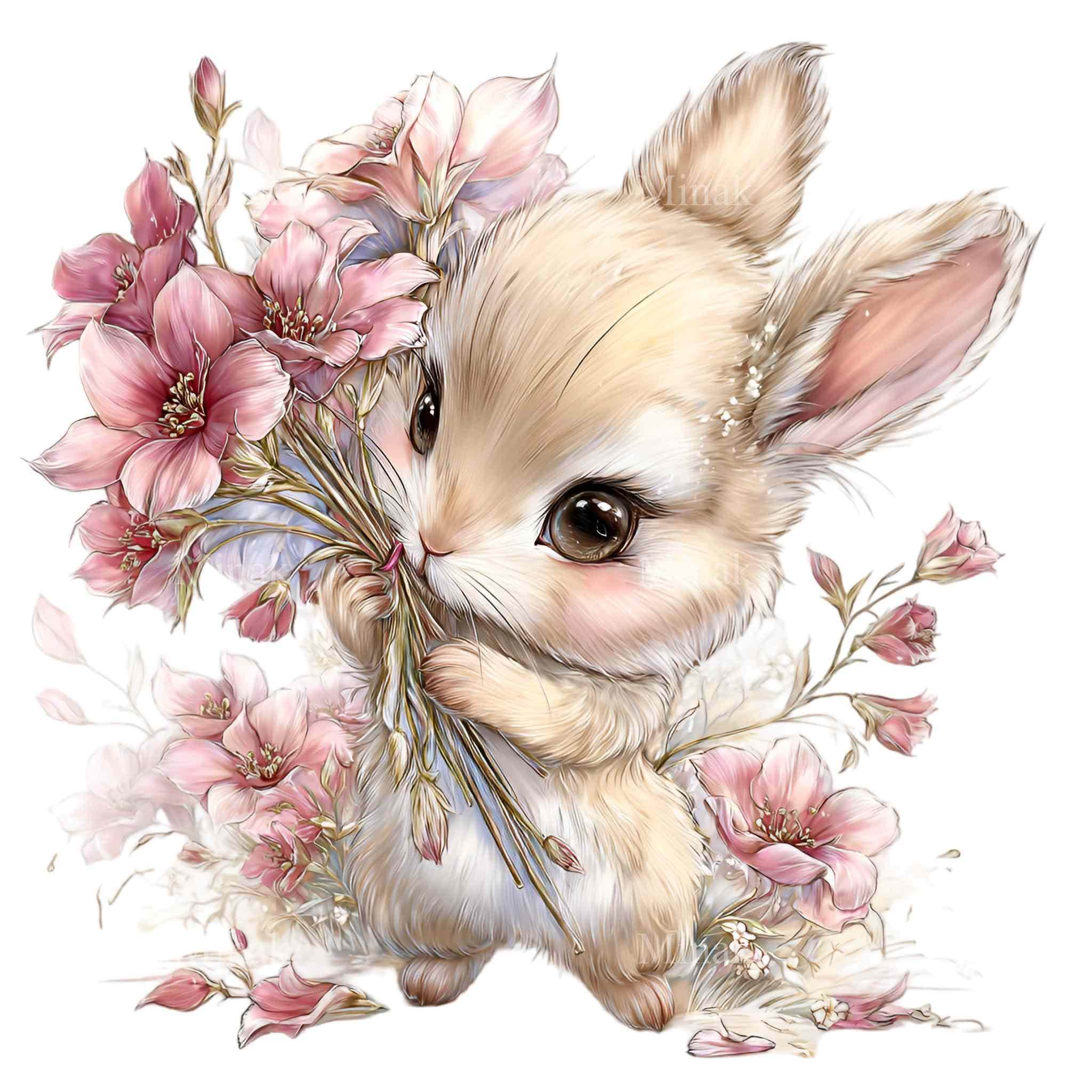 10 PNG Floral Bunny Clipart – Spring Rabbit With Rose Bouquet for ...