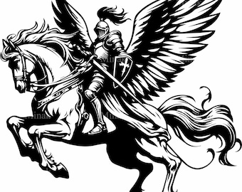5 Cavalieri Pegaso Alati SVG, Cavallo Volante Medievale File Vettoriale di Taglio, Grafica Fantasy