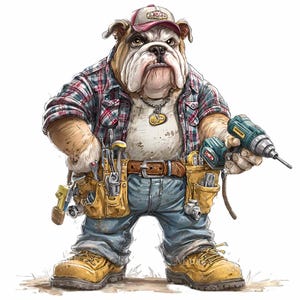 Puede incluir: Ilustración de un bulldog de dibujos animados vestido de carpintero. El bulldog lleva una camisa a cuadros, vaqueros azules, un cinturón de herramientas y botas de trabajo. Sostiene un taladro y tiene una expresión seria. Lleva una gorra de béisbol.