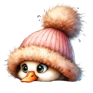 10 PNG Anatra invernale PNG – carina clipart di anatroccolo con cappello con pompon di pelliccia rosa e grandi occhi – divertente design di animali natalizi per biglietti e decorazioni