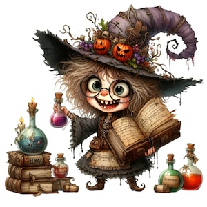 May include: A young witch with brown hair and glasses wears a black witch hat with a purple brim and orange pumpkins. She holds a book and a bottle of purple potion.