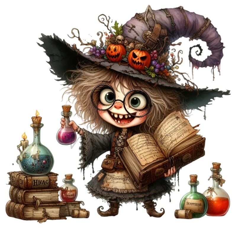 May include: A young witch with brown hair and glasses wears a black witch hat with a purple brim and orange pumpkins. She holds a book and a bottle of purple potion.