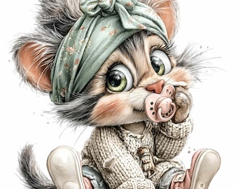 15 PNG Baby Kitten Clipart – Newborn Animal with Pacifier and Headband for Nursery Art, Baby Shower Crafts, Sublimation Designs, Printables