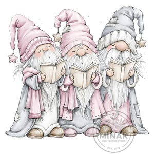 May include: A digital illustration of three gnomes standing side by side, each wearing a tall hat and holding an open book. The gnomes have long white beards, pink and grey clothing, and star-shaped charms hanging from their hats.