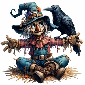 12 imágenes PNG de espantapájaros caprichosos: adorable personaje otoñal, compañero cuervo, sombrero de bruja, paja, overol. Descarga digital.