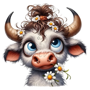 12 PNG Süße Kuh mit Gänseblümchen Clipart - Blumenkalb PNG - Bauernhoftierkunst für Aufkleber, Karten, Kinderhandwerk, Sublimationsprojekte