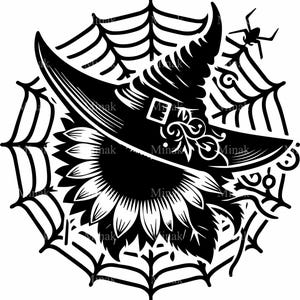Archivo de corte SVG de 5 sombreros de bruja de girasol, sombrero floral de Halloween con telaraña y araña, decoración de Halloween de cosecha de otoño