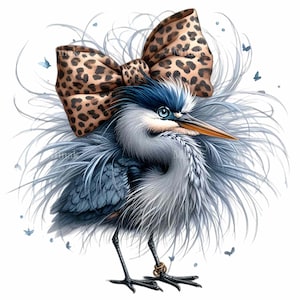 10 PNG de garzas lindas, garza azul con pelo rizado y lazo de leopardo, dibujos animados de aves divertidas, sublimación de animales, imprimibles DIY