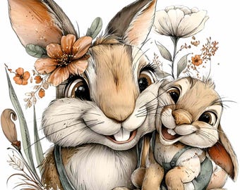 12 PNG Kaninfamilj Clipart – Mor och kaninunge, Barnrumskonst