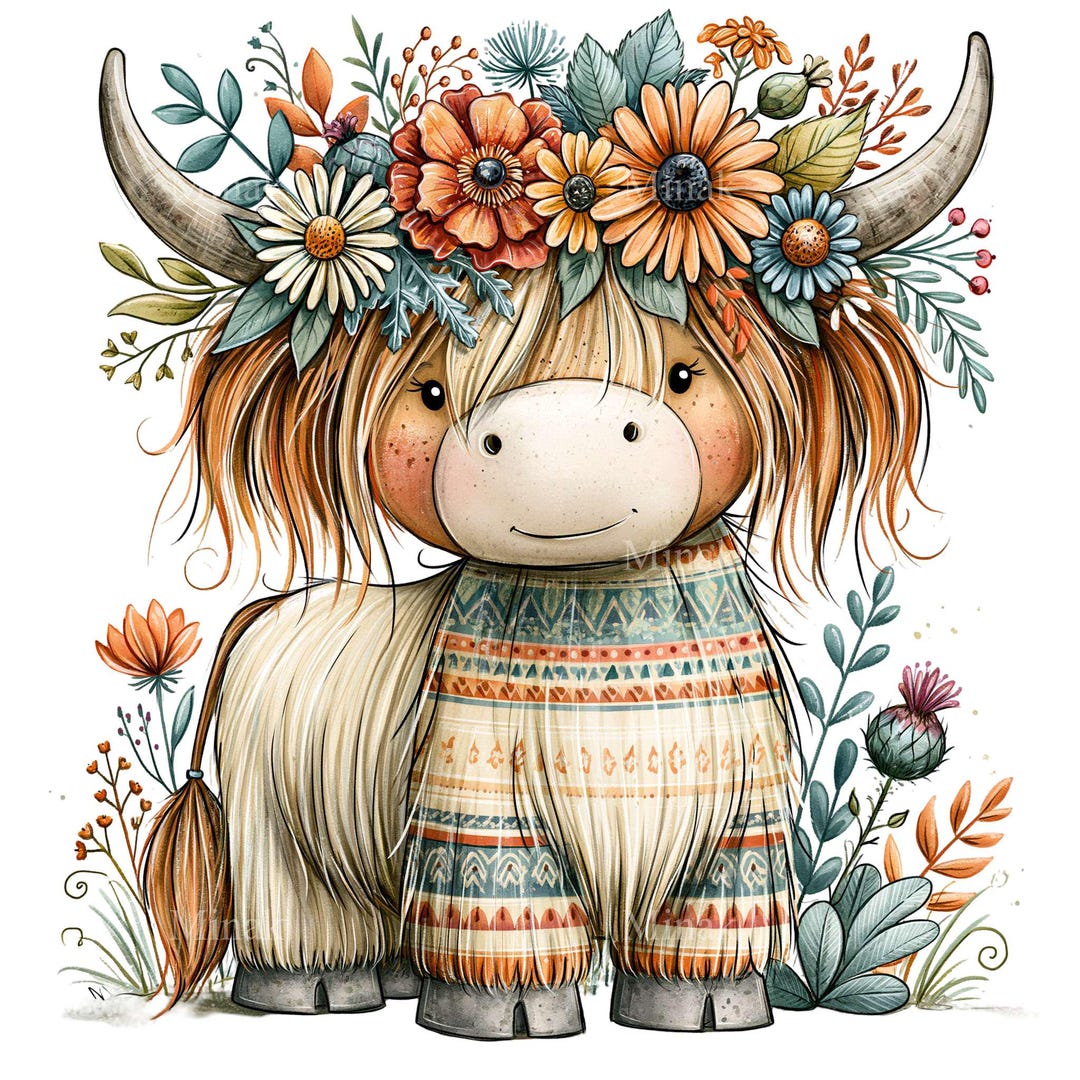 11 PNG Floral Highland Cow Watercolor Calf Clipart Sublimation - Etsy