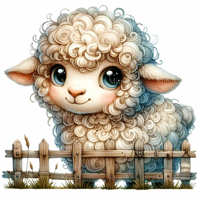 May include: A cute cartoon lamb with curly white and blue fur, standing behind a wooden fence with green grass. The lamb has big blue eyes and a sweet smile.