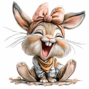 Puede incluir: Ilustraci&oacute;n de dibujos animados de un conejo feliz con un gran lazo rosa y una diadema. El conejo lleva una camisa blanca y una bufanda amarilla. El conejo est&aacute; sentado y riendo con la boca bien abierta.