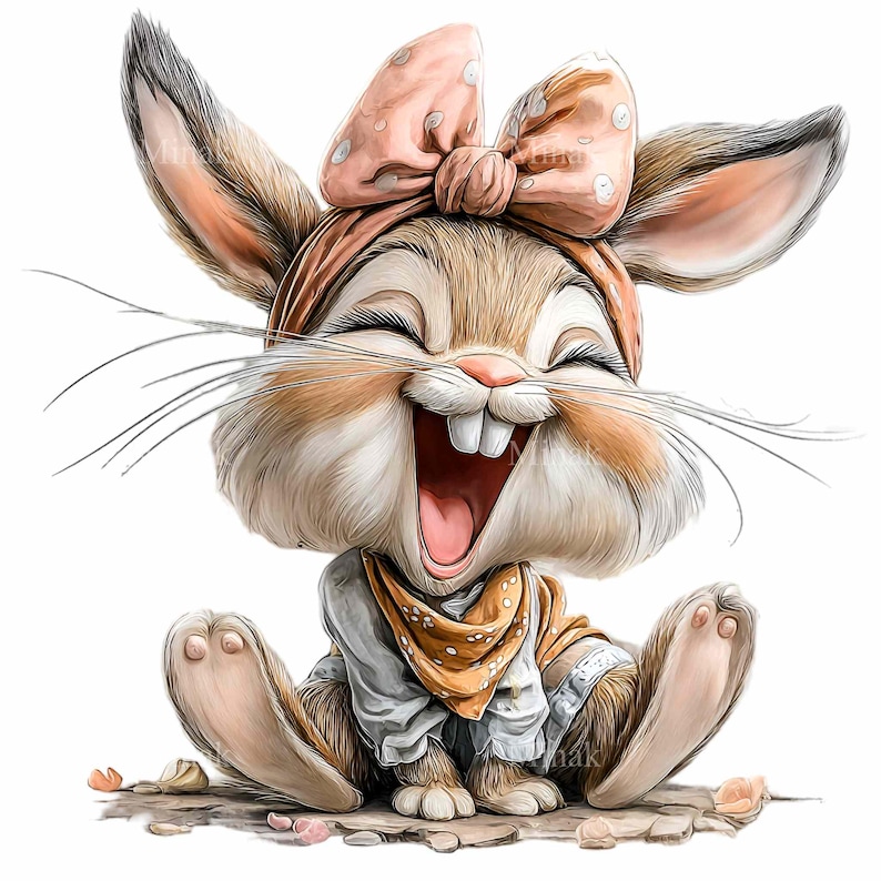 Puede incluir: Ilustraci&oacute;n de dibujos animados de un conejo feliz con un gran lazo rosa y una diadema. El conejo lleva una camisa blanca y una bufanda amarilla. El conejo est&aacute; sentado y riendo con la boca bien abierta.