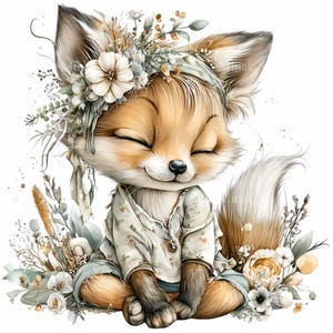 May include: A whimsical illustration of a fox with closed eyes, wearing a floral crown and a button-down shirt. The fox is surrounded by flowers and foliage in soft, muted tones of beige, white, and green. The fox's fur is a warm brown with a white-tipped tail.