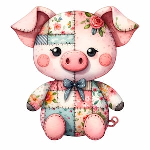 May include: A watercolor illustration of a patchwork pig stuffed animal. The pig has a pink body, large black eyes, and a blue bow tie. The patchwork design features floral patterns in pink, blue, and yellow.