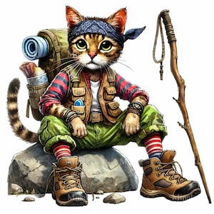 12 Adventurous Hiking Cat PNG Clipart - Backpacking Cat with Walking Stick Digital Download for Crafts