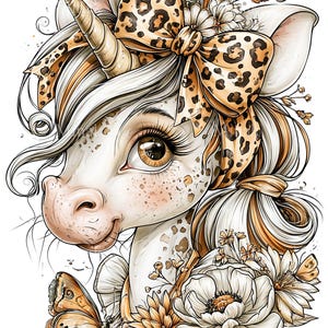 Può includere: Un'illustrazione digitale di un unicorno con un fiocco leopardato, grandi occhi marroni e lentiggini. L'unicorno presenta un corno singolo, capelli fluenti ed è circondato da fiori bianchi dettagliati e una farfalla nei toni del marrone e beige.