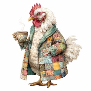 May include: A whimsical watercolor illustration of a rooster wearing a patchwork coat and holding a teacup. The rooster has a red comb and wattle, and the teacup has a floral design. Steam rises from the cup, suggesting a warm beverage.