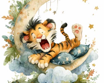 15 PNG Baby Tiger Clipart – Moon Nursery Watercolor Sleeping Cub Illustration