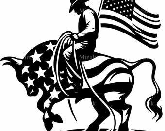 7 Cowboy Bull Riding Svg, American Flag Rodeo Rider Vector Art