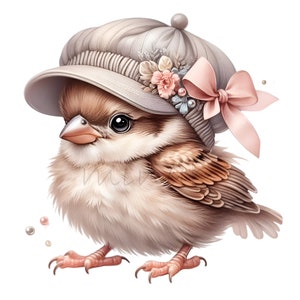 Puede incluir: Un peque&ntilde;o p&aacute;jaro marr&oacute;n y blanco que lleva un sombrero gris y rosa con un adorno floral. El p&aacute;jaro est&aacute; posado sobre un fondo blanco.