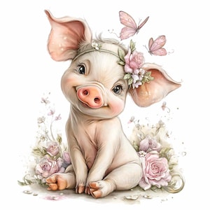16 PNG Baby Pig Clipart, Floral Piglet Illustration, Farm Nursery Animal, Pastel Sublimation Graphic image 8