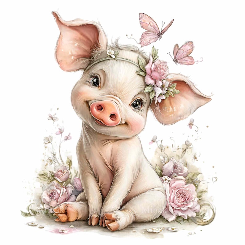 16 PNG Baby Pig Clipart, Floral Piglet Illustration, Farm Nursery Animal, Pastel Sublimation Graphic image 8