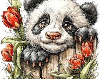 10 PNG Panda Röda Tulpaner Trästaket Vårblommig Sublimering