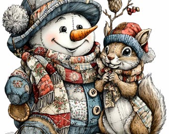 10 PNG Patchwork Snowman Winter Squirrel Stitched Clipart