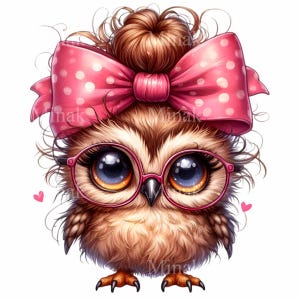 May include: A brown owl with large blue eyes wearing pink glasses and a pink polka dot bow in its hair. The owl is looking directly at the viewer.