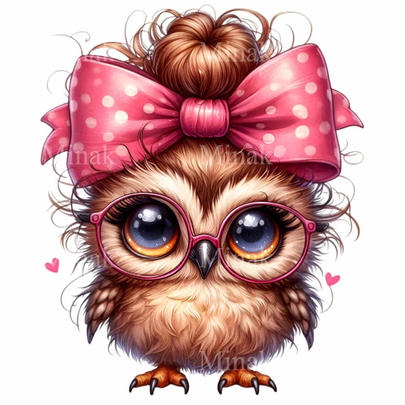 May include: A brown owl with large blue eyes wearing pink glasses and a pink polka dot bow in its hair. The owl is looking directly at the viewer.