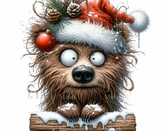 12 Orso pazzo con i capelli PNG, clipart di animali con cappello di Babbo Natale, grafica divertente per le vacanze