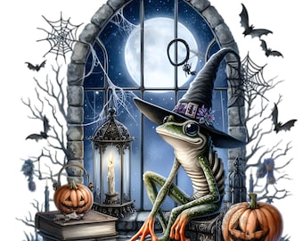 14 Halloween Frog Witch Window Clipart Moon Pumpkin Lantern Bat Png