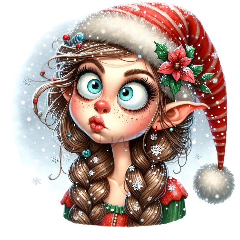 Puede incluir: Una ni&ntilde;a elfo de dibujos animados con cabello casta&ntilde;o en trenzas, que lleva un gorro de Pap&aacute; Noel a rayas rojas y blancas con un pomp&oacute;n blanco, una flor navide&ntilde;a verde y roja y un vestido verde y rojo. Los copos de nieve caen a su alrededor.