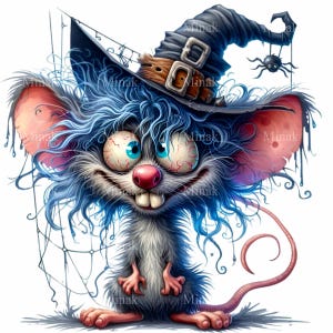 15 Blue Mouse PNG Clipart - Halloween Witch Mouse with Hat, Fluffy Fur & Spiderwebs - Spooky Digital Download Art
