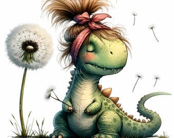 14 PNG Dinosaur With Messy Bun Hair, Dragon Dandelion Clipart