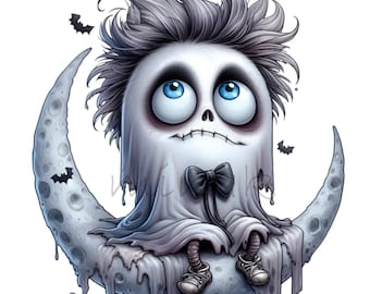 15 PNG Spooky Ghost Moon Messy Hair Halloween Sublimation Graphic